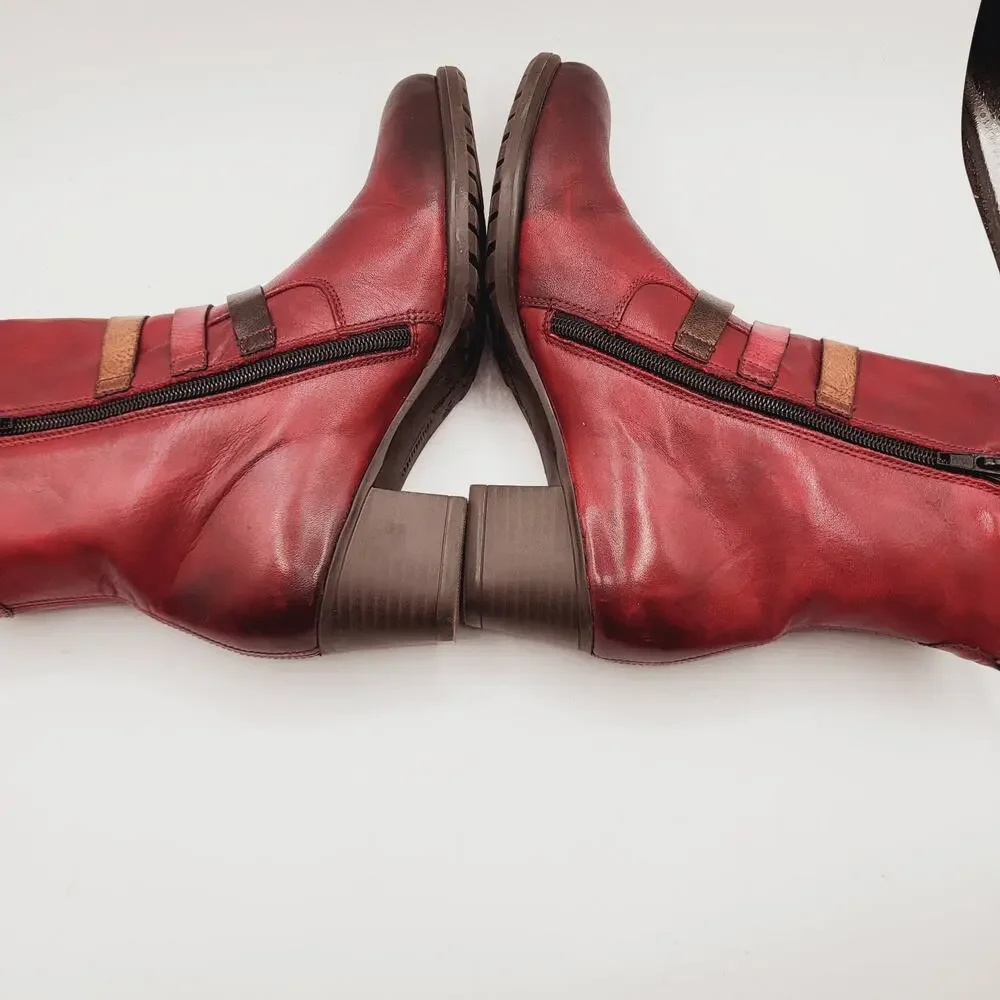 Remonte Red Leather Burnished Toe Tri-Colored Straps 2" Heel Artistic Boot Sz 37 - Picture 8 of 14